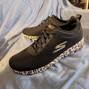 Skechers Black Go Walk GOGA Mat Women's Shoes with Leopard Print Sole